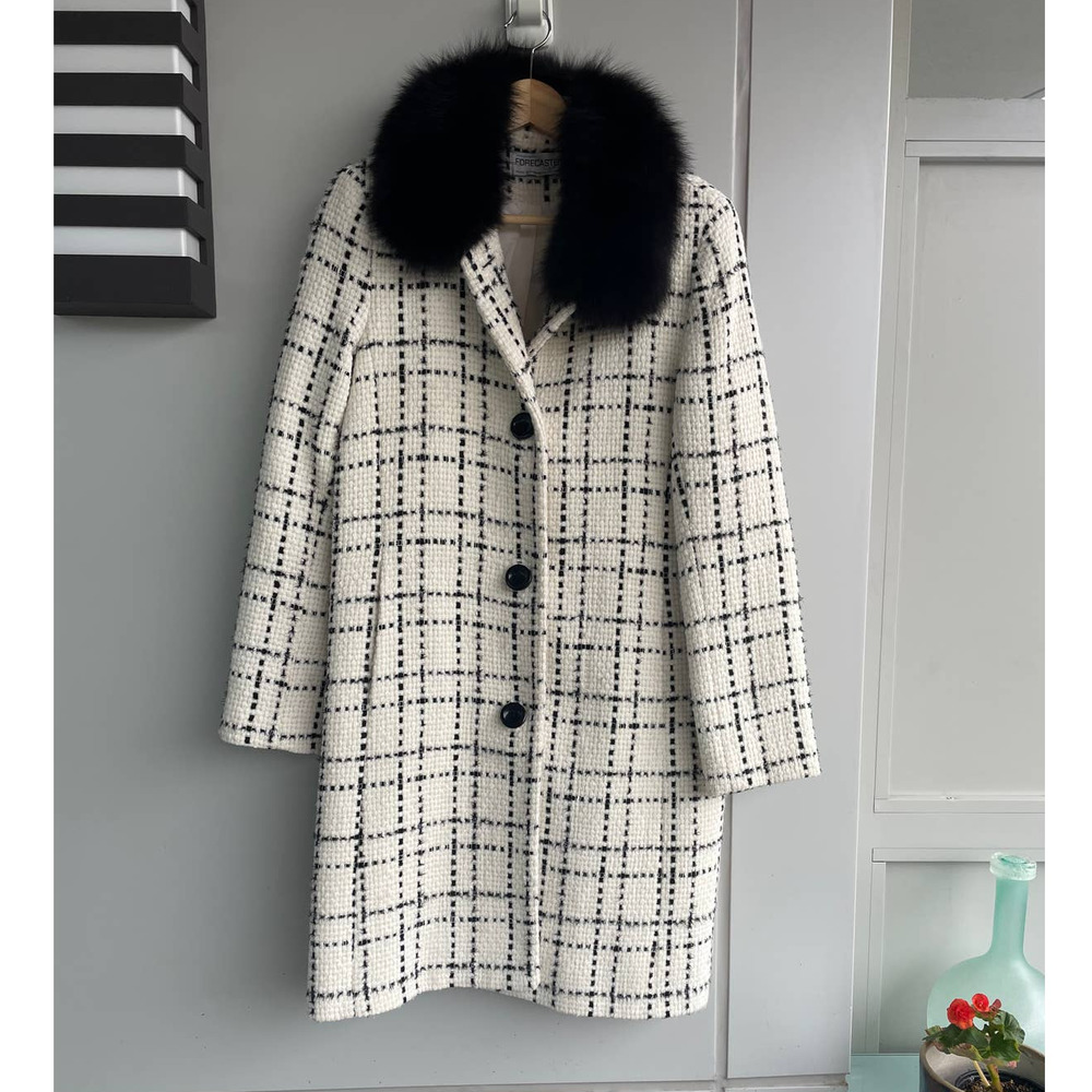 FORECASTER ivory cream black gingham wool genuine fox fur collar coat